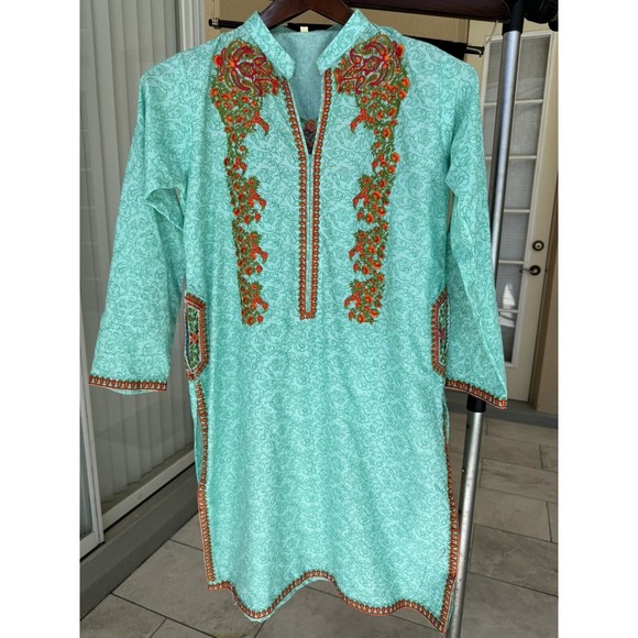 Embroidered And Printed Kurta Shirt W Pockets - Cotton - Light Blue -Size XS 8 - Picture 1 of 4